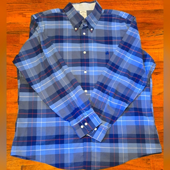 Brooks Brothers Mens XL Regent Fit Stretch Original Polo Blue Plaid Long Sleeve - Picture 2 of 9